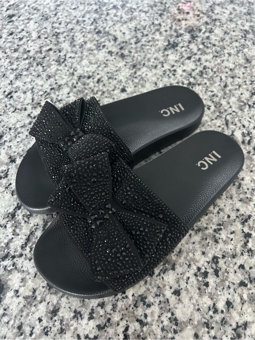 INC International Concepts Black Crystal Bow Slide Sandals